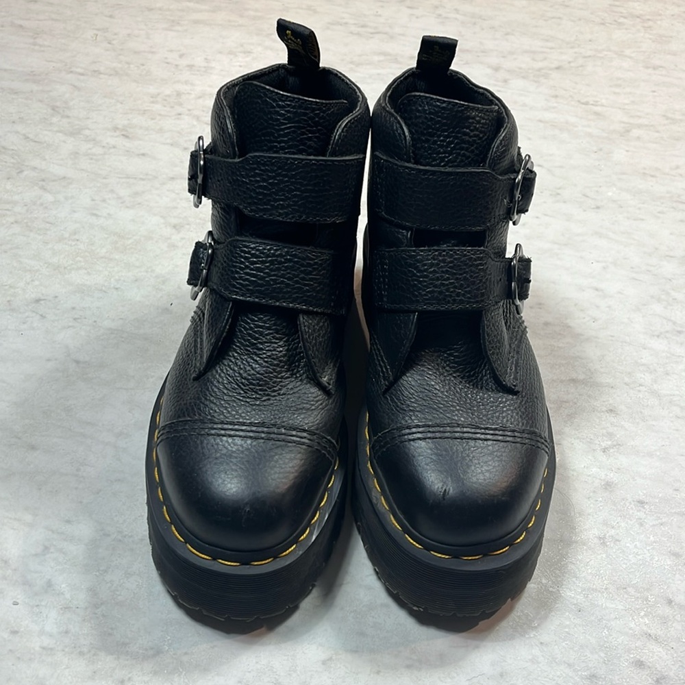 Dr. Martens Black Devon Flower Buckle Leather Platform Boots, Women's Sz 10,used